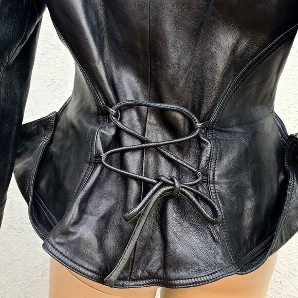 Vintage 80s Jitrois Black Lambskin Leather Military Jacket S Peplum - Picture 9 of 16